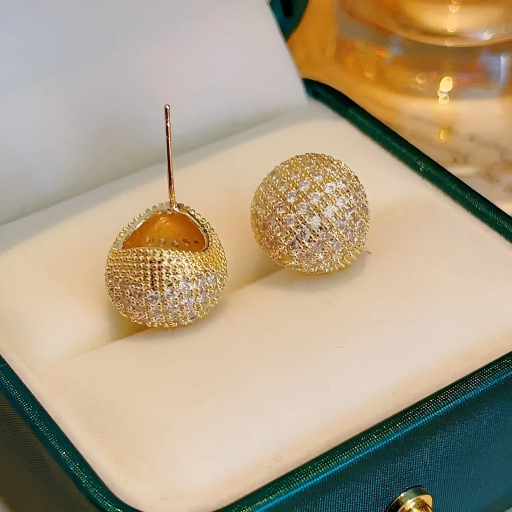 Gold and white geometric drop earrings with full diamond little golden beans design and sphere elements