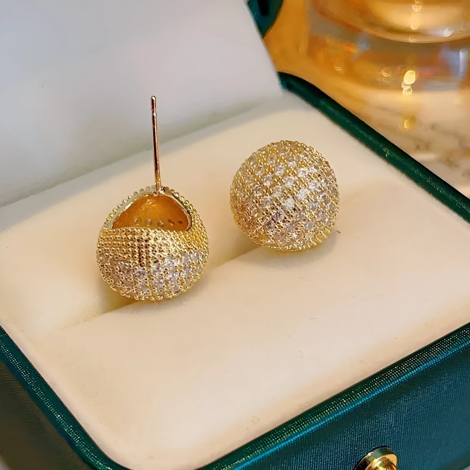Gold and white geometric drop earrings with full diamond little golden beans design and sphere elements