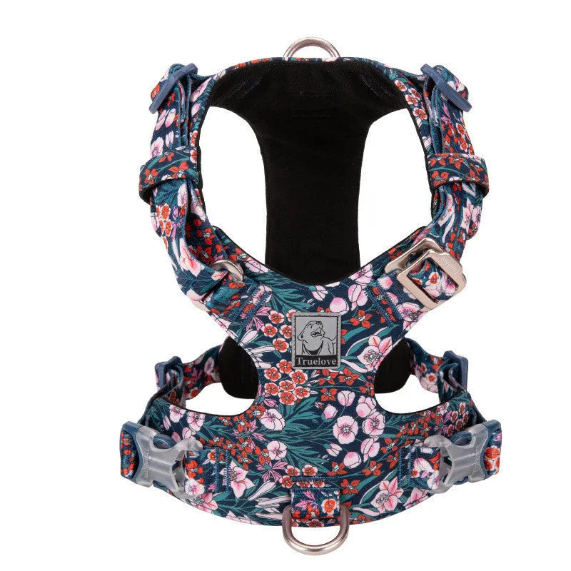 Floral pattern pure cotton dog chest strap harness in red, blue, or green colours