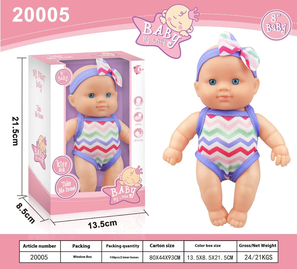 21.5 cm tall simulation baby vinyl doll figurine on display.