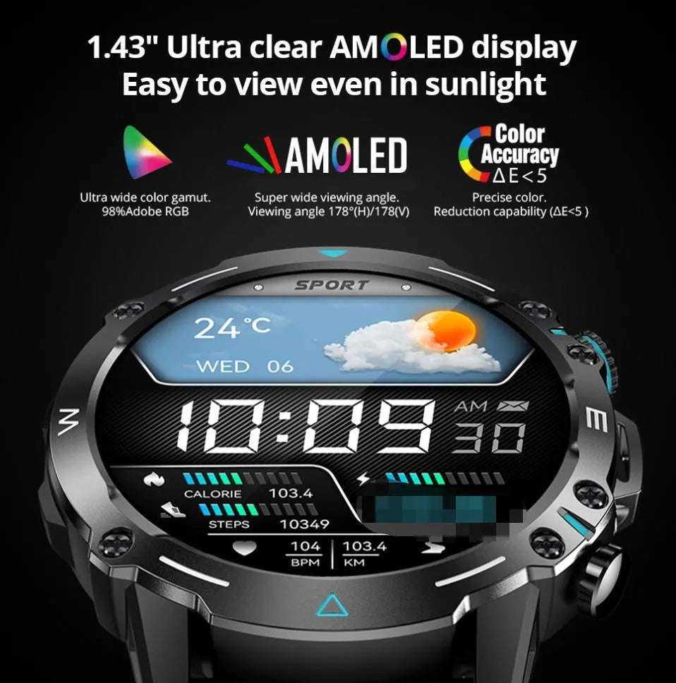 M42 smart watch in black on a wrist, showing the large AMOLED screen displaying fitness metrics
