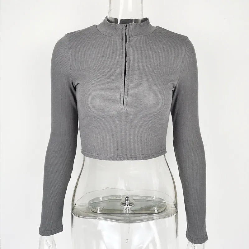 Women's solid colour zipper crop slim fit top in black, long sleeves, front zipper