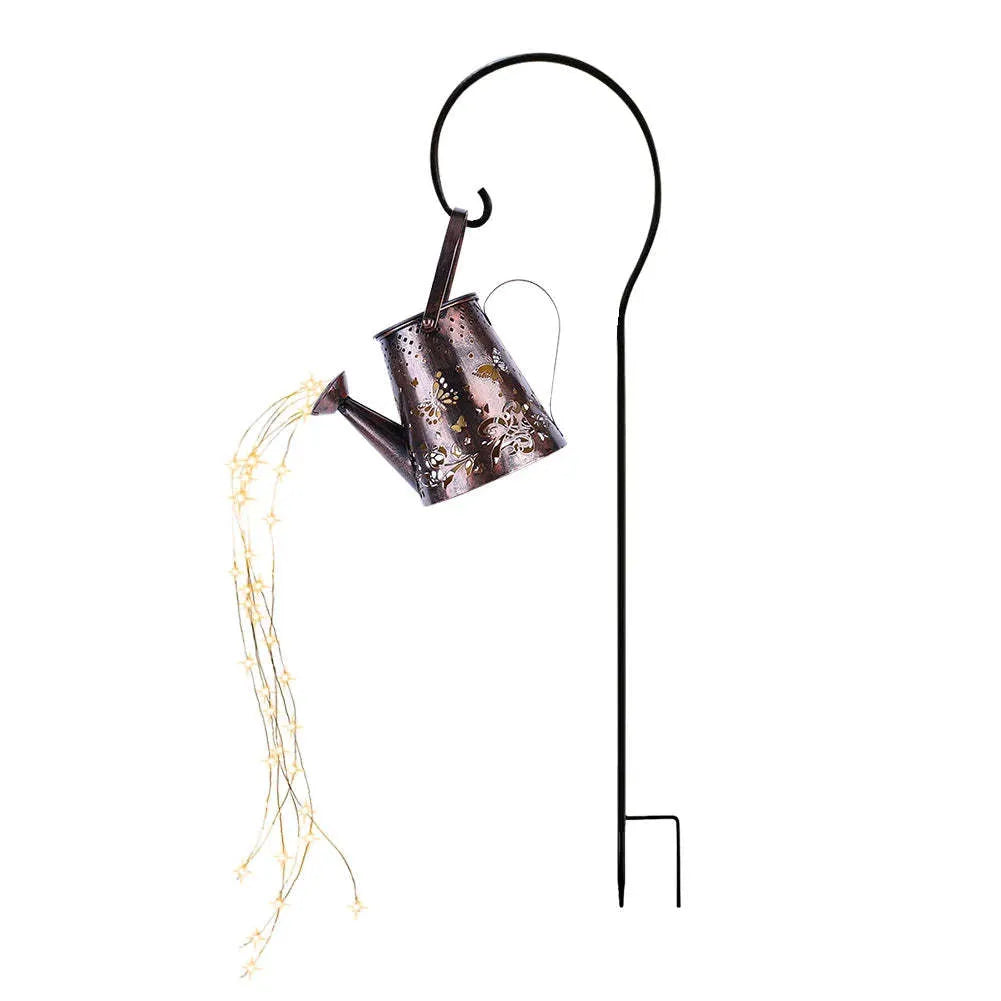 Solar-powered iron garden lamp with a tapered butterfly design in warm white.