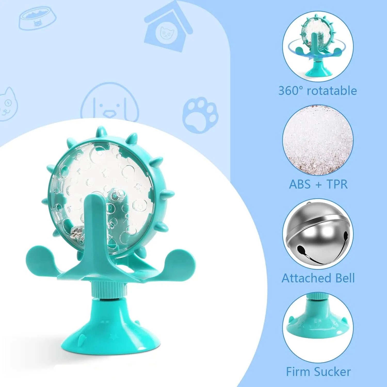 Interactive pet puzzle feeder toy with rotating spinner in blue, green, red or yellow colours
