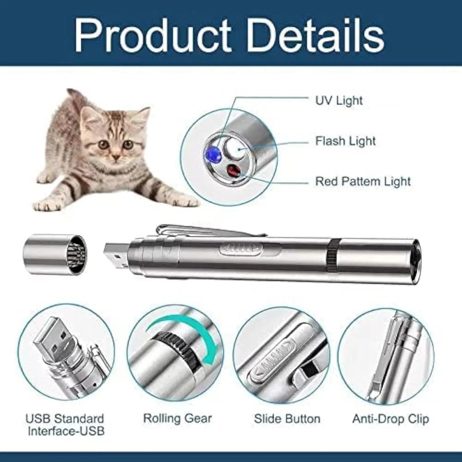 Silver aluminum alloy cat laser pointer toy with multiple light patterns