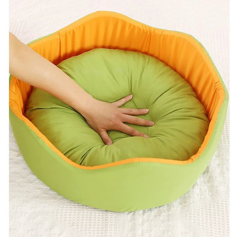 Breathable ice silk pet dog bed nest in green orange colour, small diameter 40cm