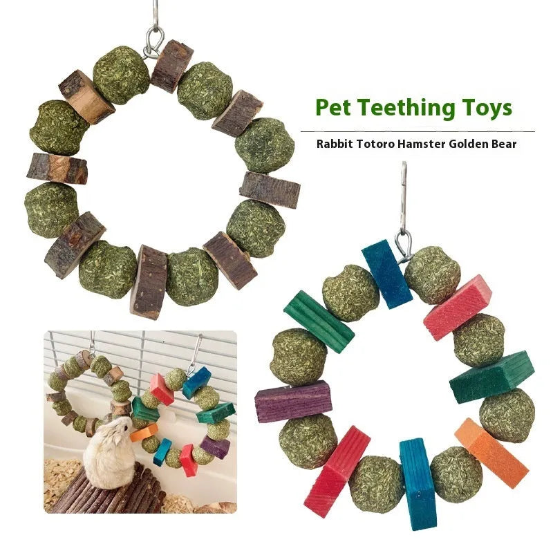 Hamster chew toy with decorative ring and straw ball for guinea pigs and rabbits