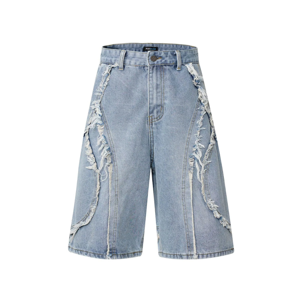 Men's distressed light blue denim shorts with raw edge hems and straight leg cut.