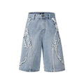 Men's distressed light blue denim shorts with raw edge hems and straight leg cut.