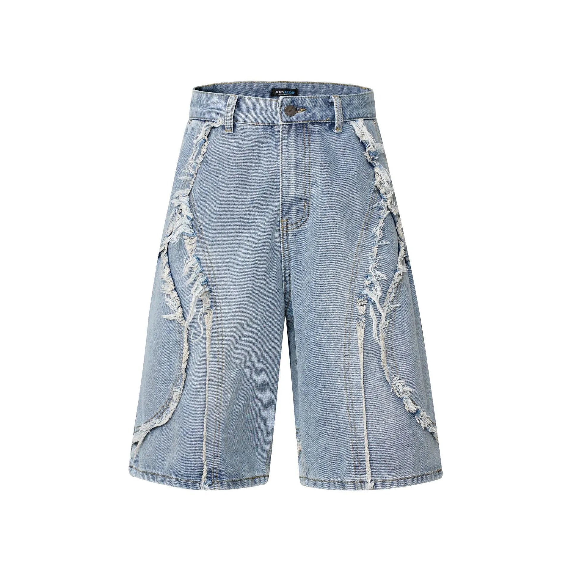 Men's distressed light blue denim shorts with raw edge hems and straight leg cut.
