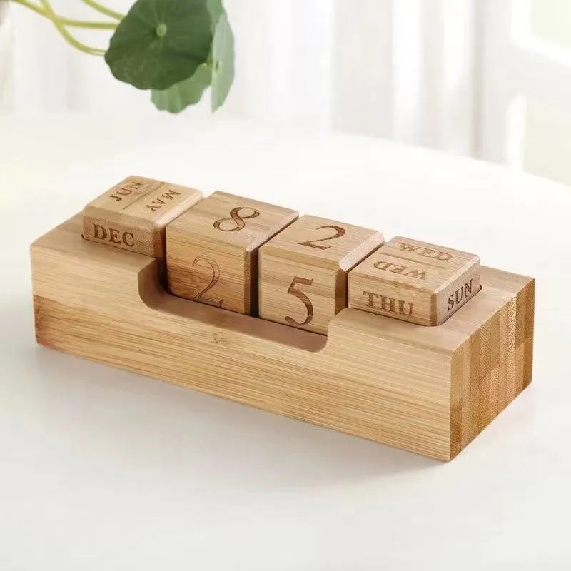 Solid wood perpetual desk calendar in simple modern style showing two size options