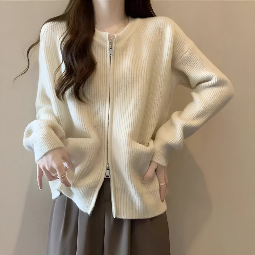 Women's beige soft wind sweater coat cardigan with long sleeves on hanger