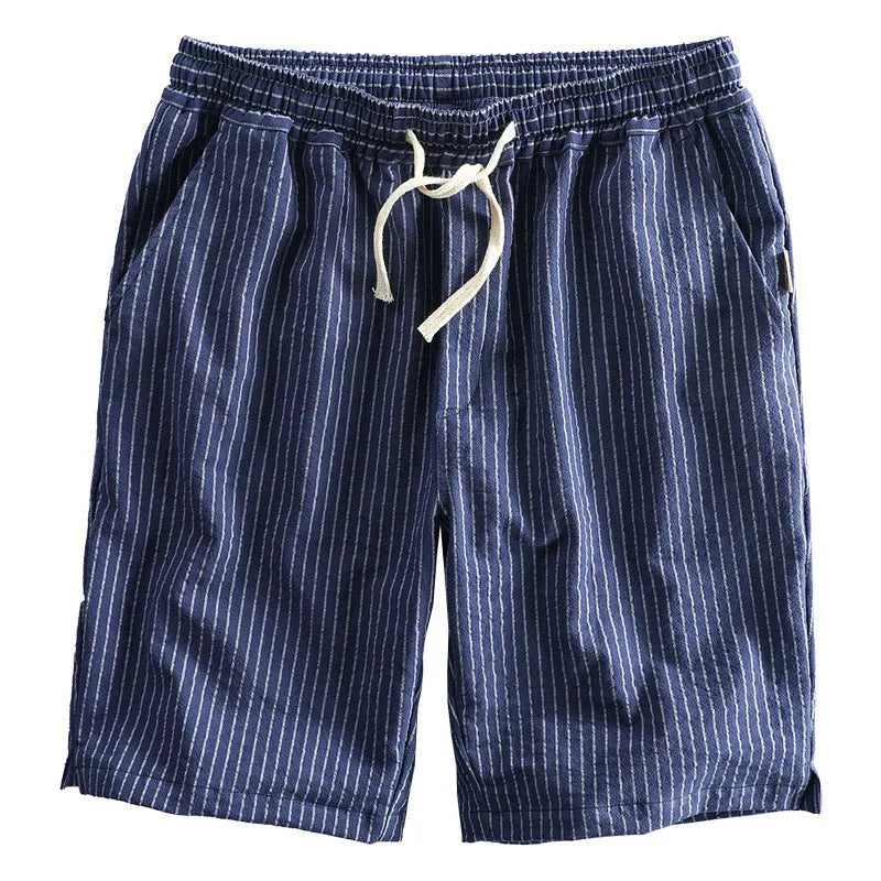 Men's striped cotton casual shorts with elastic waistband in light blue colour showing straight leg cut