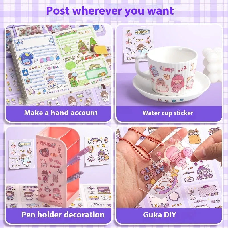Children's sticker collection box showing five themed designs: meatball characters, peach tea party, star team, and Nini diary artwork
