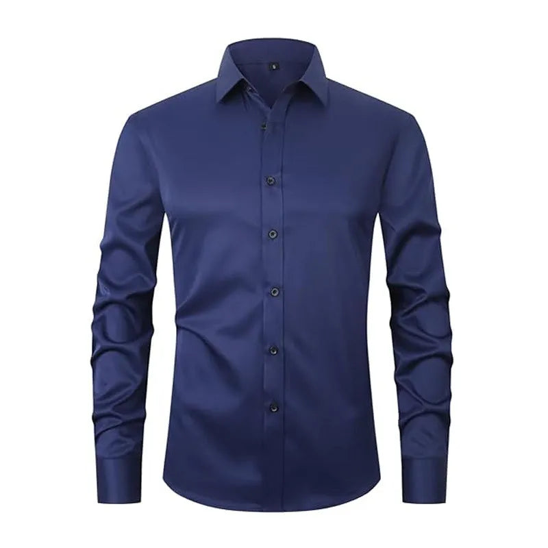 Men's stretch long sleeve work shirt in polyester fabric shown in available colours with size guidance