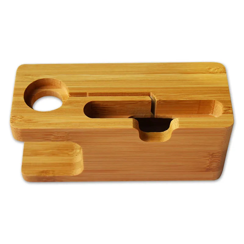 Bamboo carved phone and watch stand with decorative finish measuring 149mm
