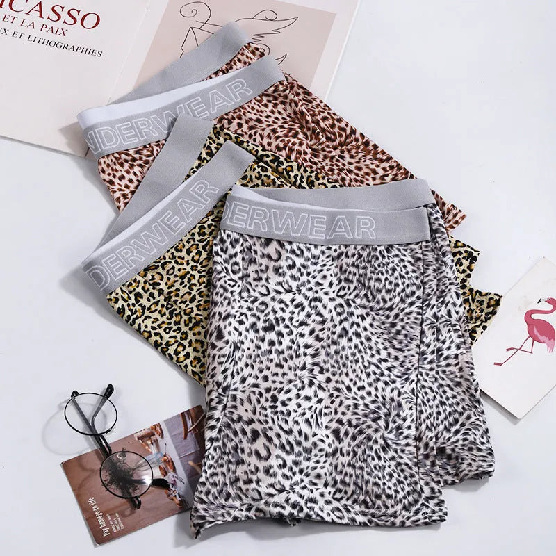 Men's leopard print loose underwear in polyester milk silk fabric showing mid-waist cut