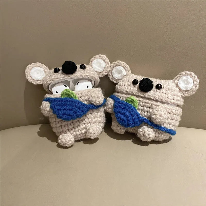 Handmade knitted koala bear backpack design protective sleeve for Apple AirPods case.