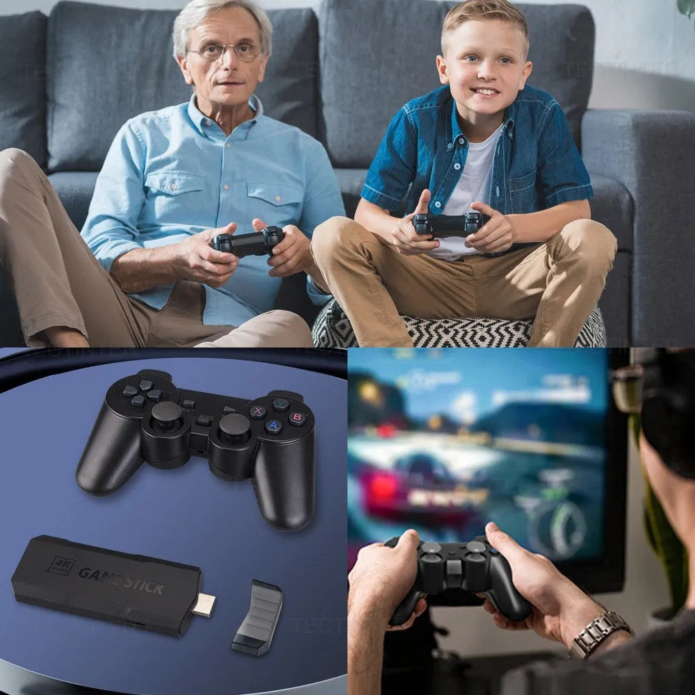 Open source 4K wireless game console with handle controller and cables on television stand