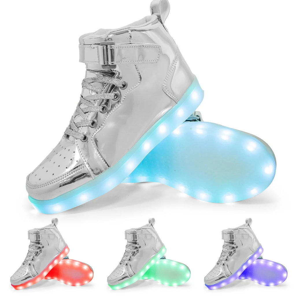 LED high-top sneakers with Velcro strap in black, gold, or white colour on rubber sole.