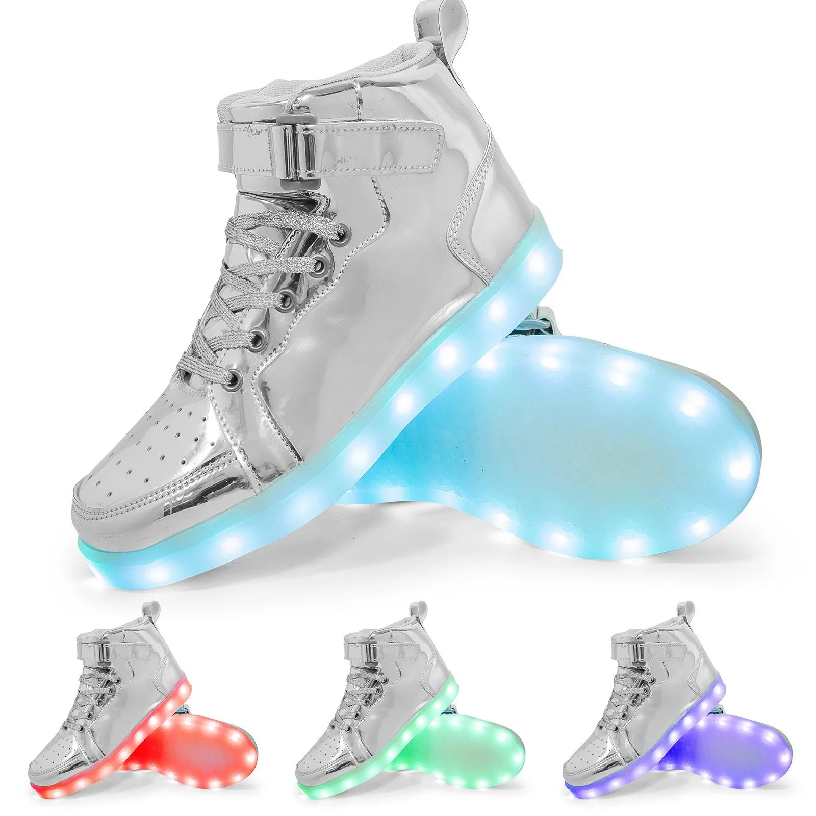 LED high-top sneakers with Velcro strap in black, gold, or white colour on rubber sole.