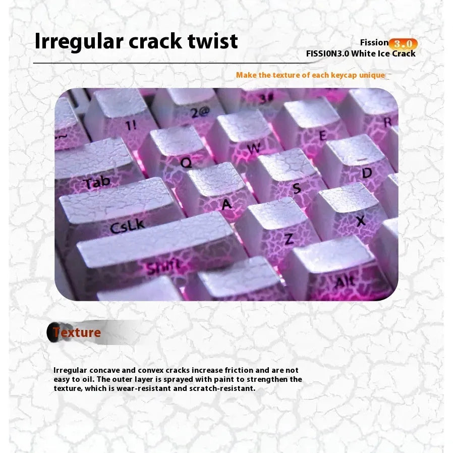 White transparent mechanical keyboard keycap set with side carving details on a dark background.