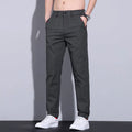 Men's straight slim fit cotton trousers in light khaki colour showing front and side views