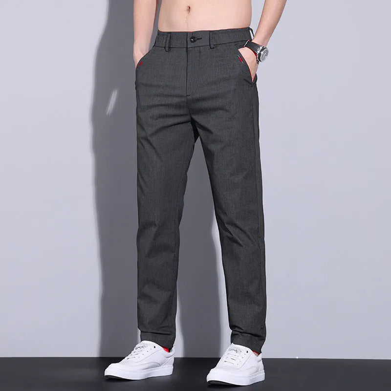 Men's straight slim fit cotton trousers in light khaki colour showing front and side views
