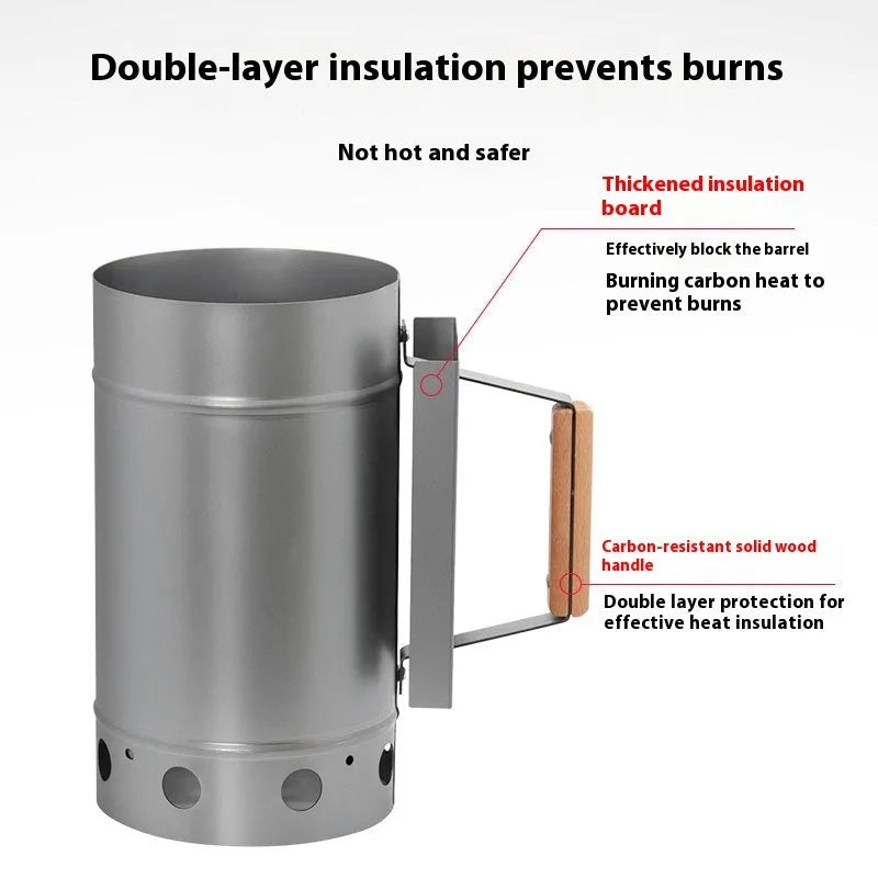 Zinc-iron alloy charcoal oven igniter with a carbon barrel style design for outdoor BBQs.