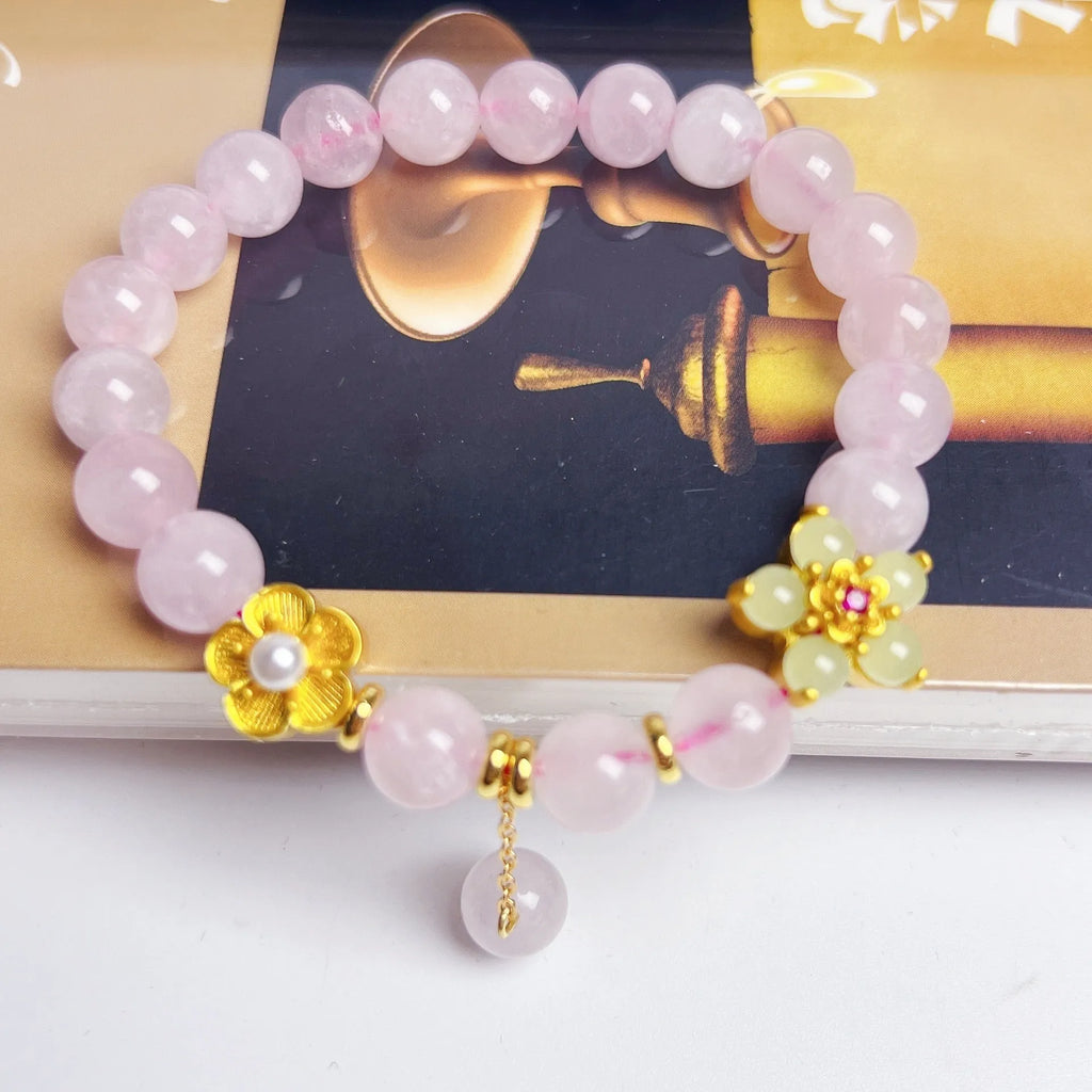 Pink crystal peach blossom bracelet with handmade beads for women
