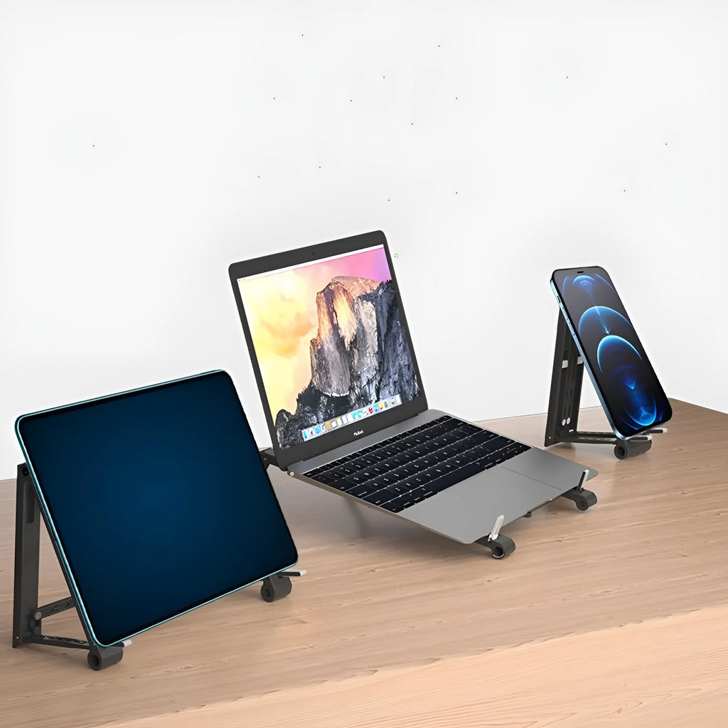 Grey multifunctional laptop stand with seven-shaped silicone grip on a flat surface