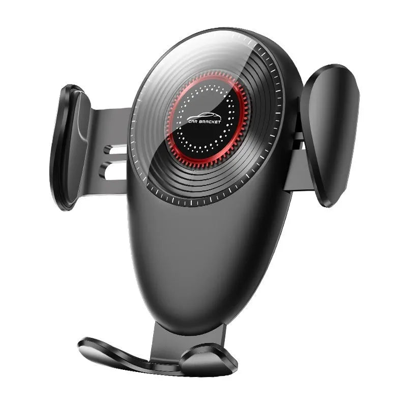 Black universal car phone bracket mounted on car air vent holding mobile phone