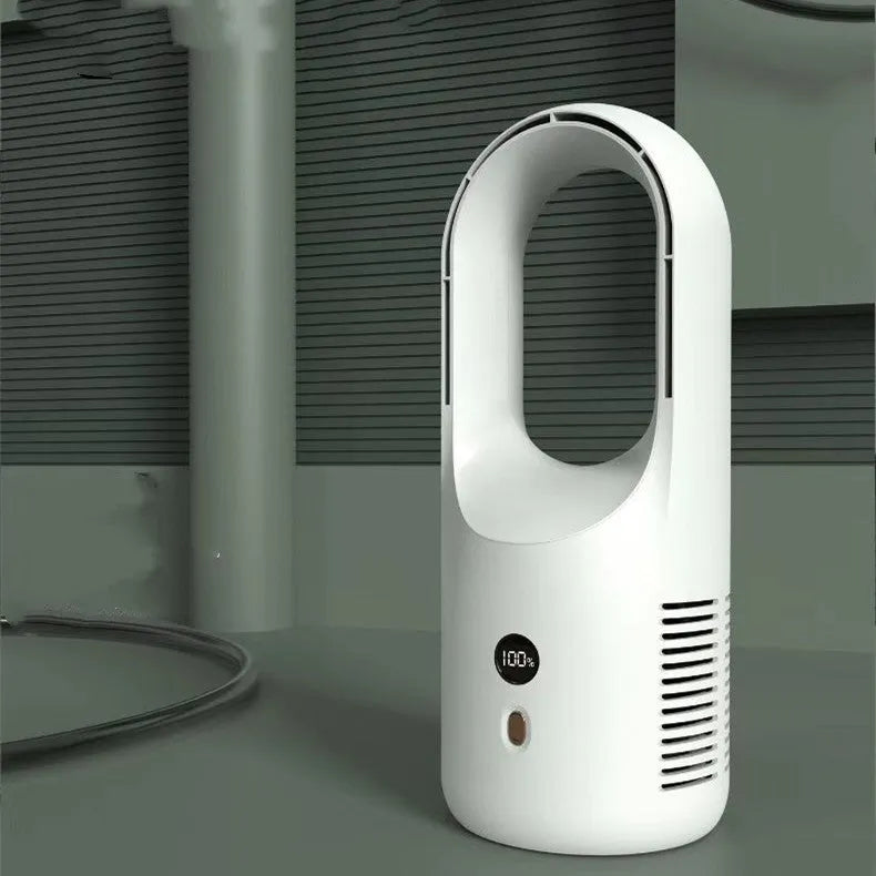 USB rechargeable bladeless desktop fan with LED display on a desk