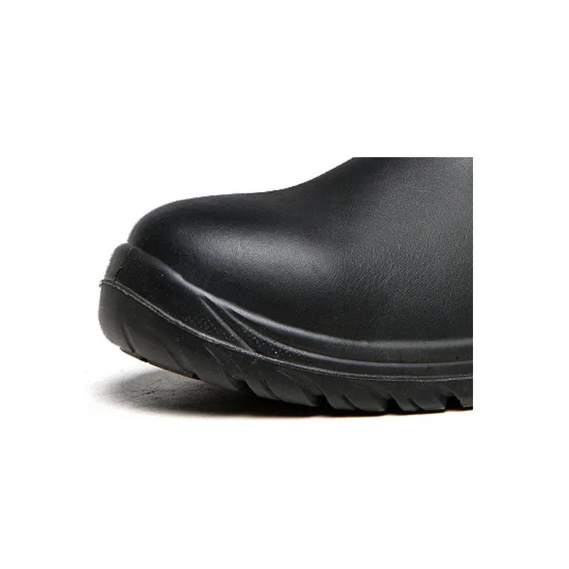 Black leather high-top safety work boots with anti-piercing sole on a neutral background