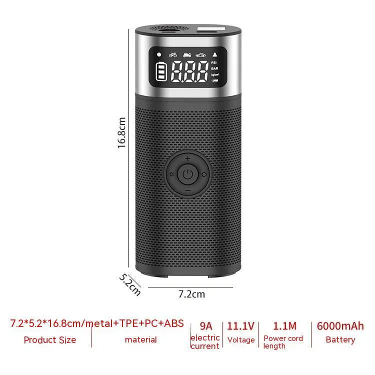 Black portable wireless smart vehicle air pump with USB cable and multiple inflation nozzles on a grey background.