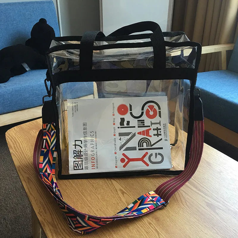 Women's transparent PVC shoulder messenger bag in brown with side net pocket and double strap connectors