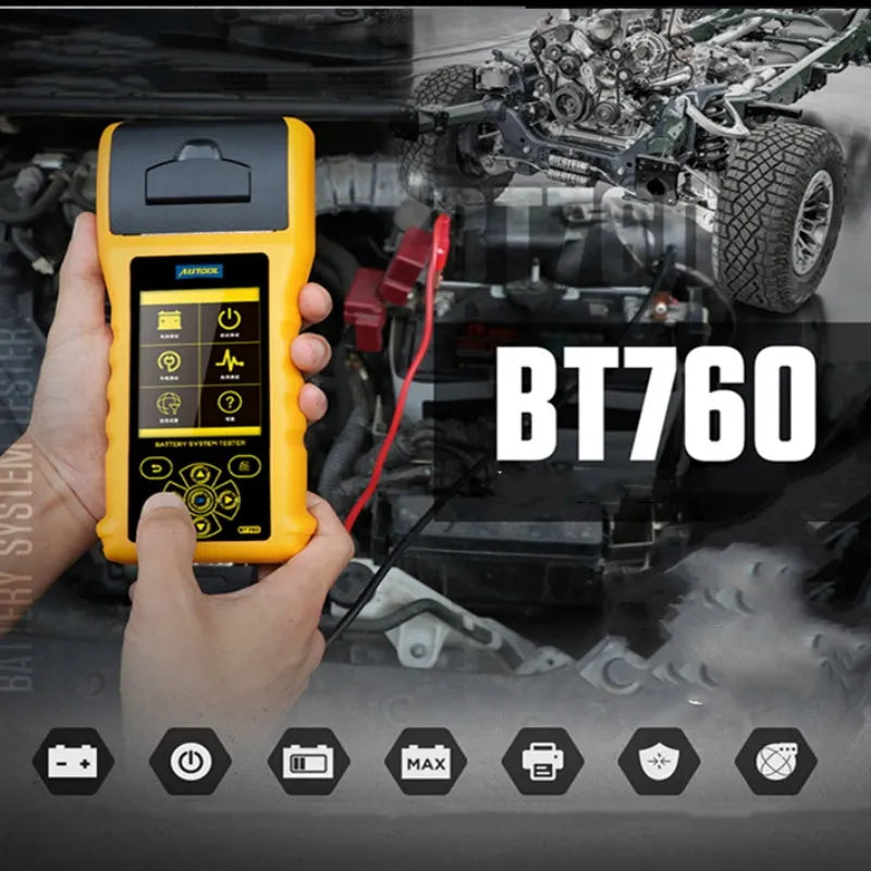 Autool BT760 digital vehicle battery tester with colour screen and battery clips.
