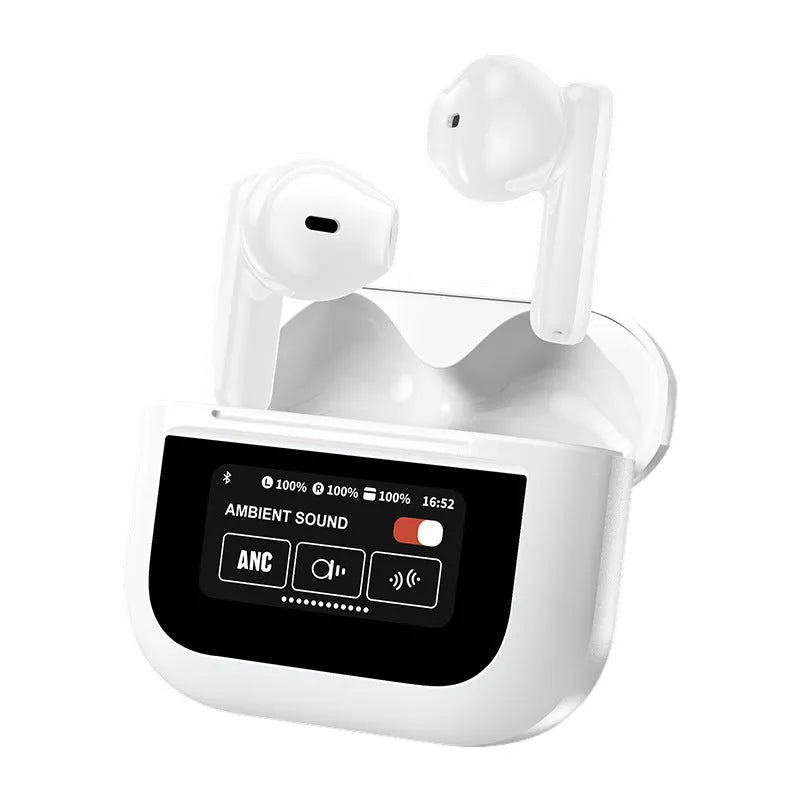 YX28 black and white Bluetooth headset with touch screen LCD display and ear hook