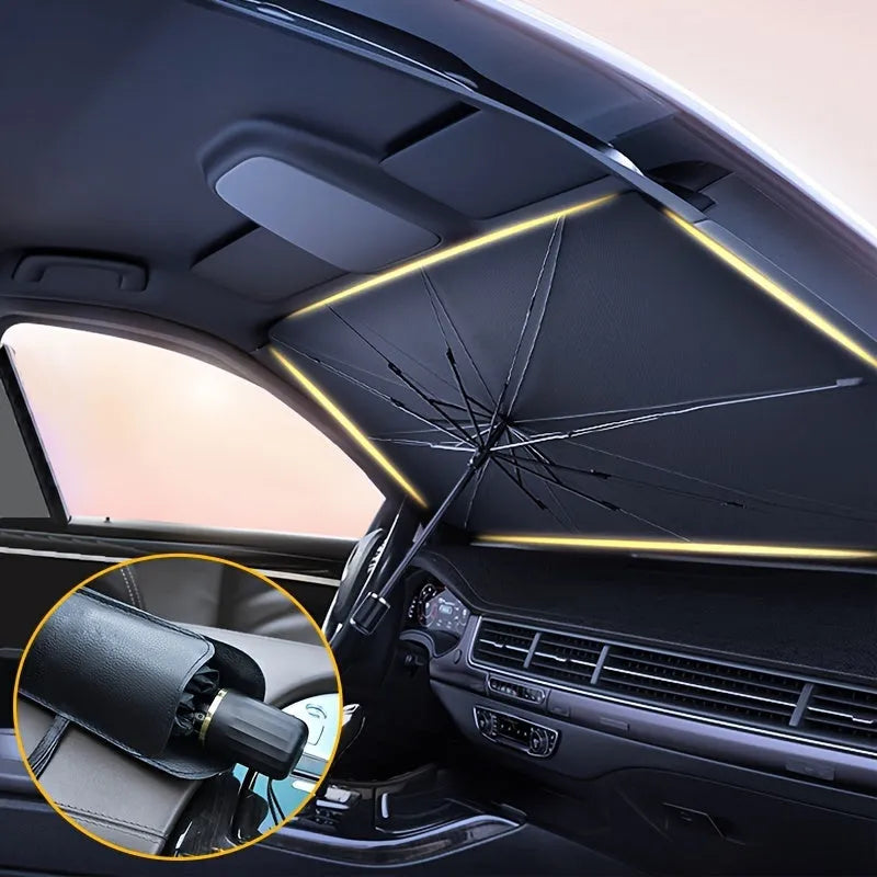 Foldable car windshield sunshade umbrella showing automatic folding mechanism and UV protection