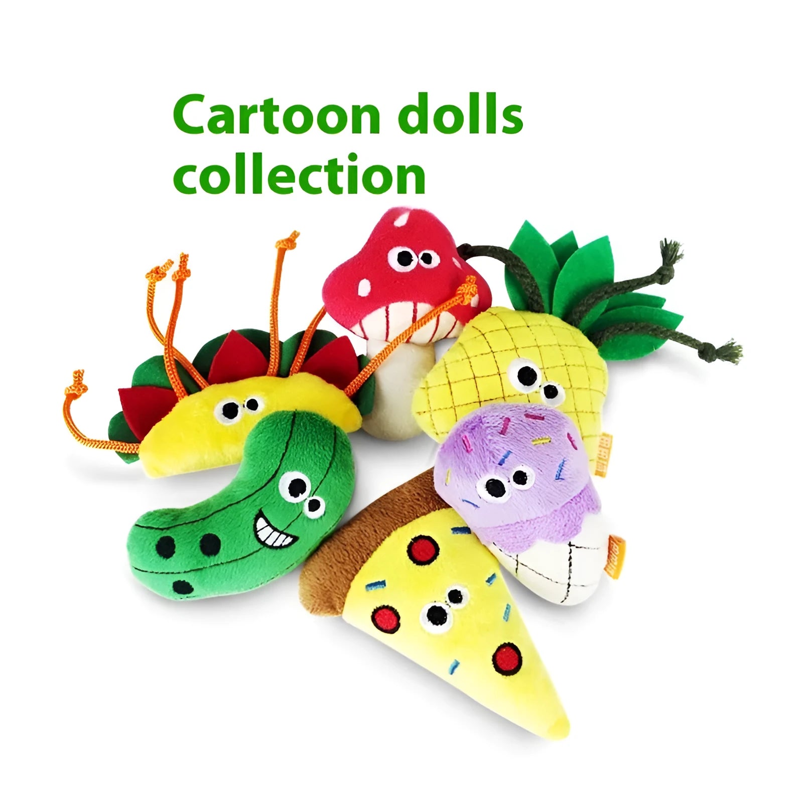 Six food-shaped catnip plush toys including pineapple, pizza, burrito, cone, cucumber and mushroom designs