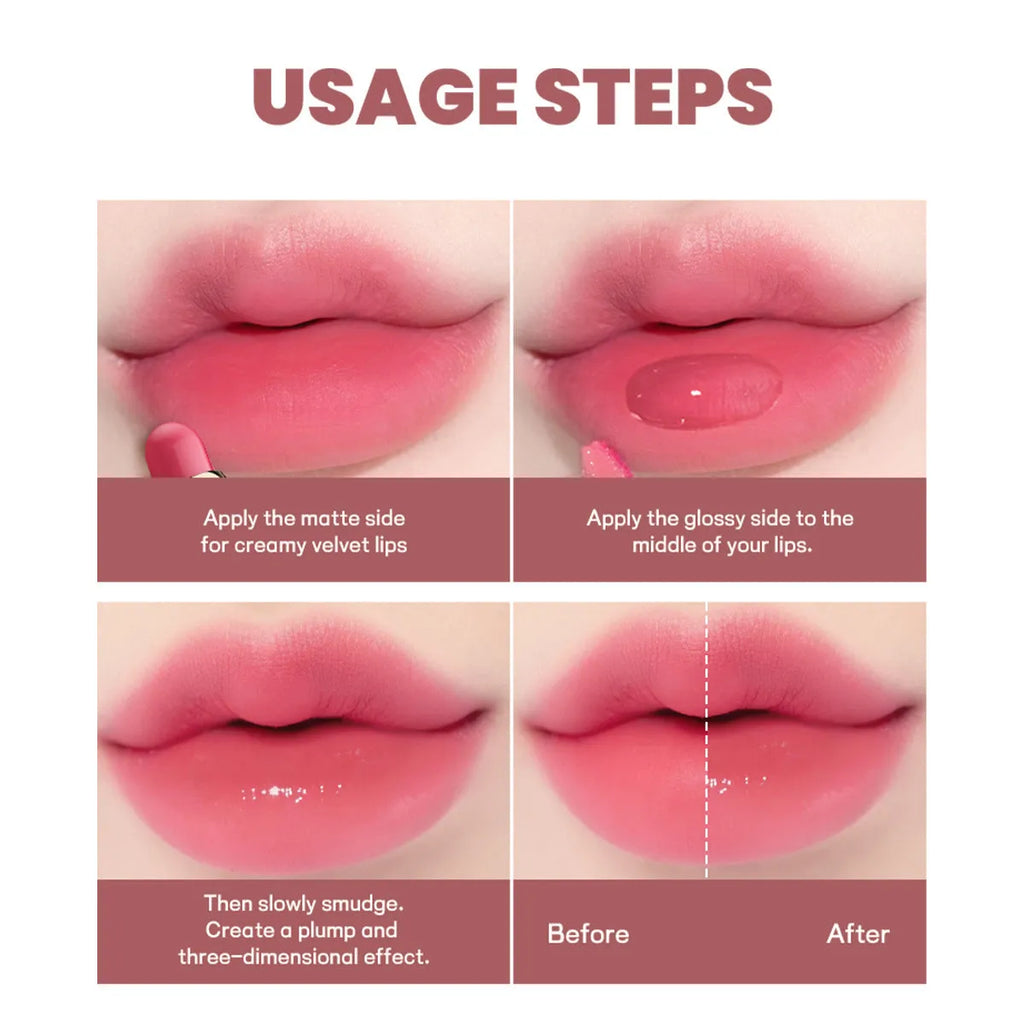 Double-headed matte lipstick showing two complementary colours on opposite ends