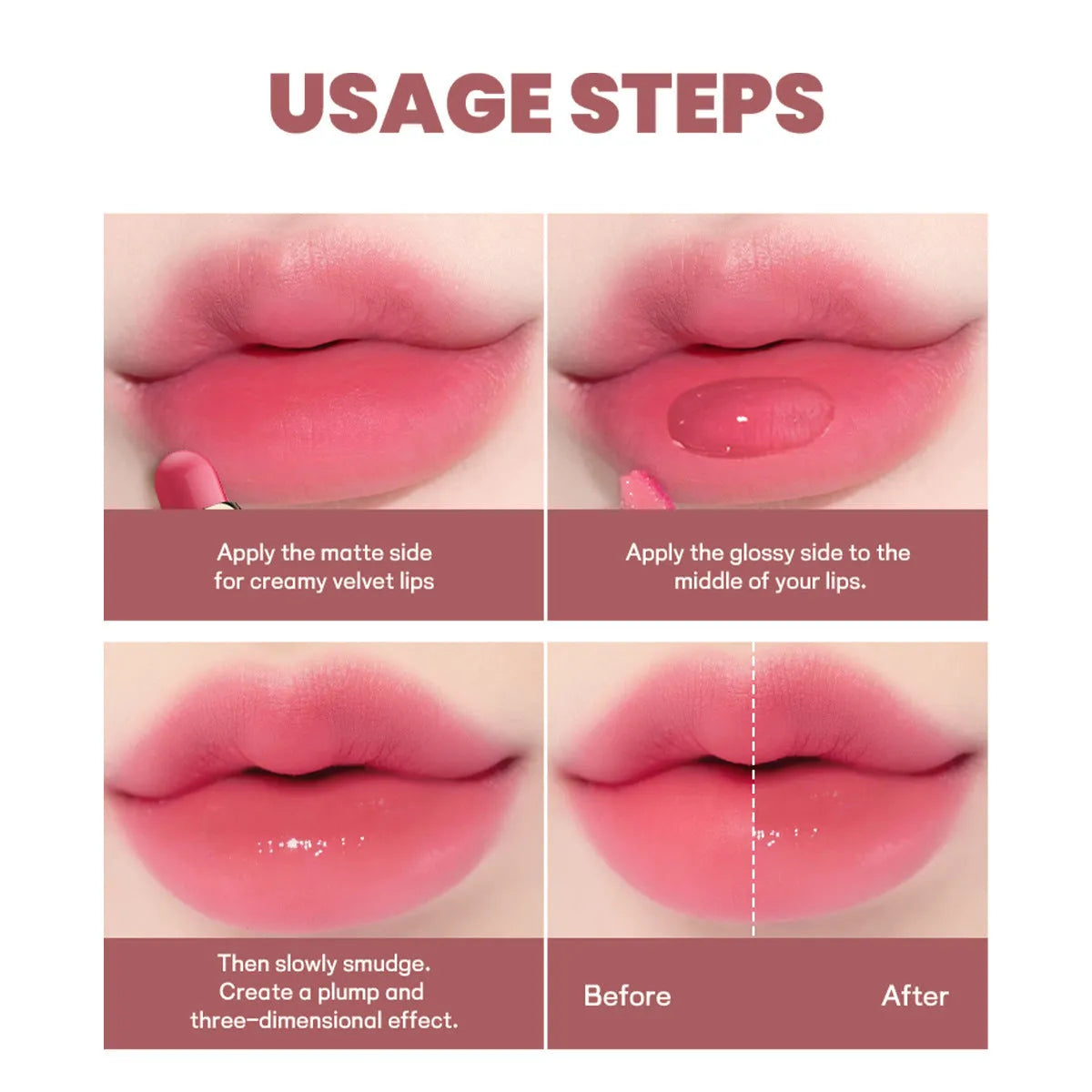 Double-headed matte lipstick showing two complementary colours on opposite ends