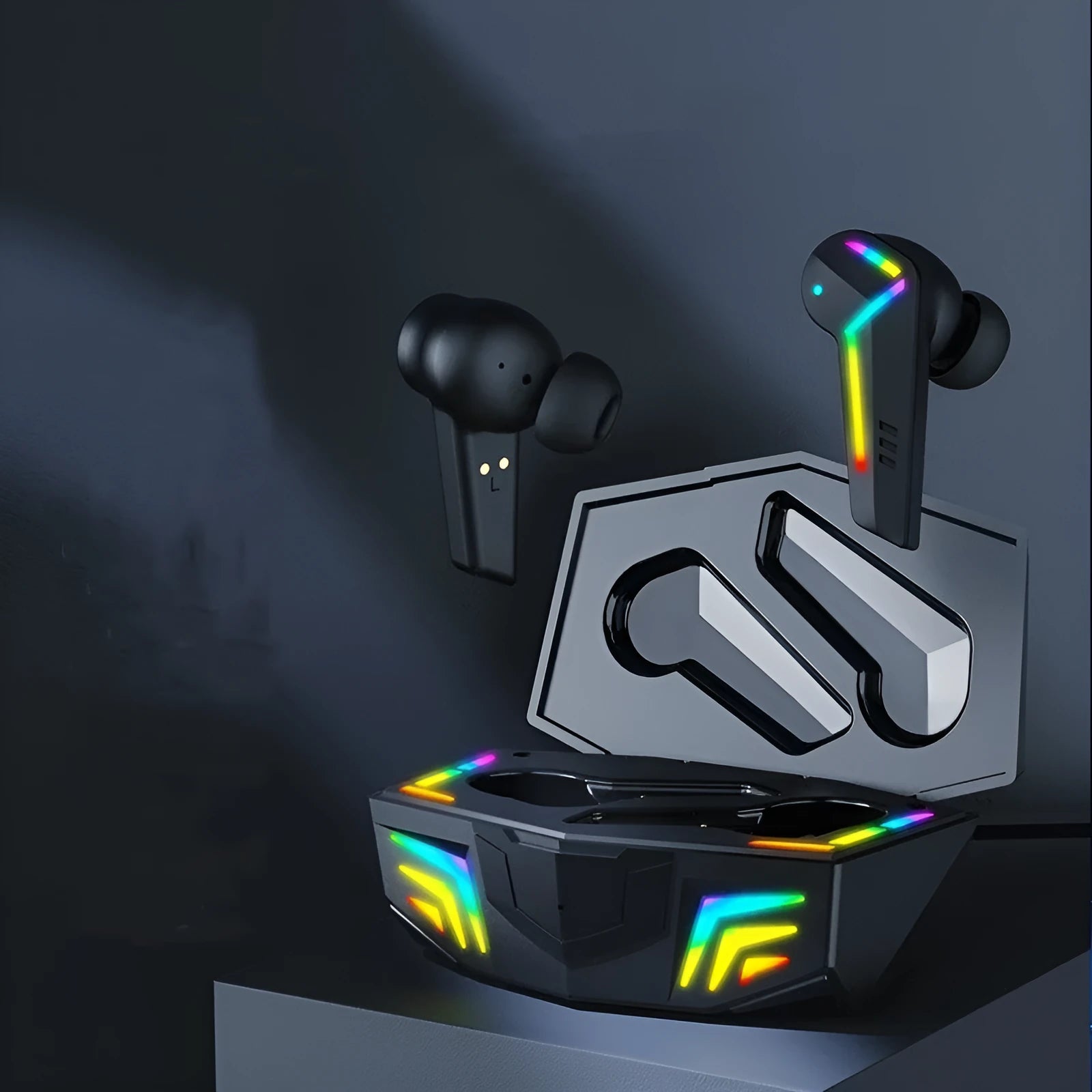 Small black Bluetooth headset with earplug design for sports and gaming.