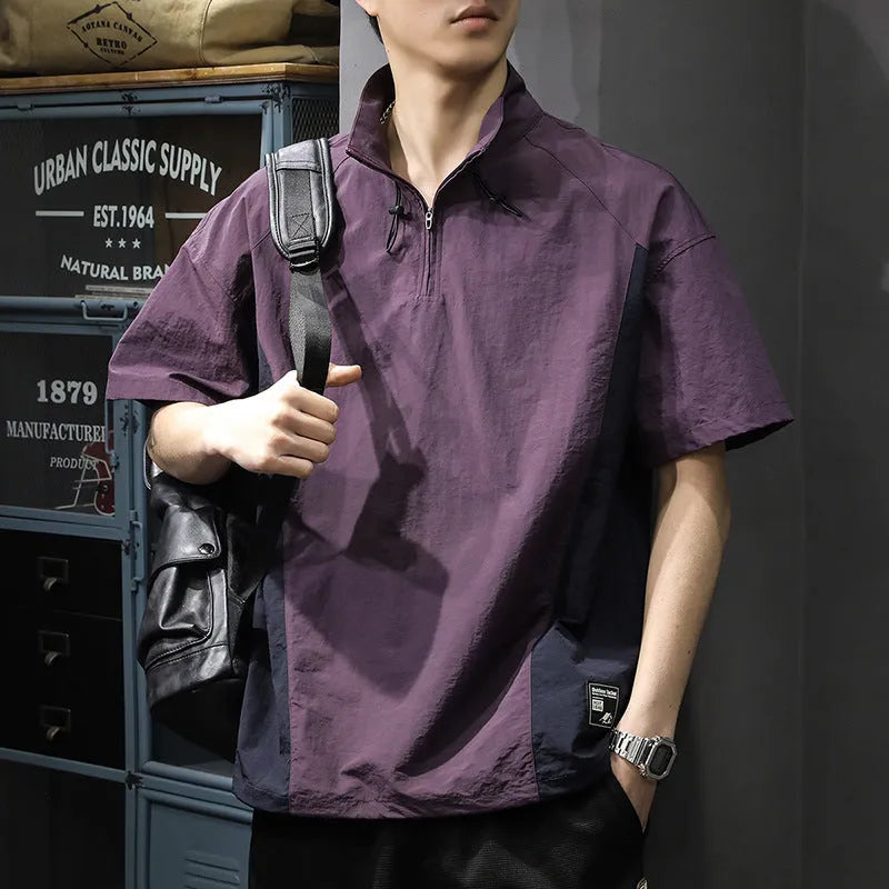 Men's brown ice silk business shirt with half zip stand collar and short sleeves showing loose fit design
