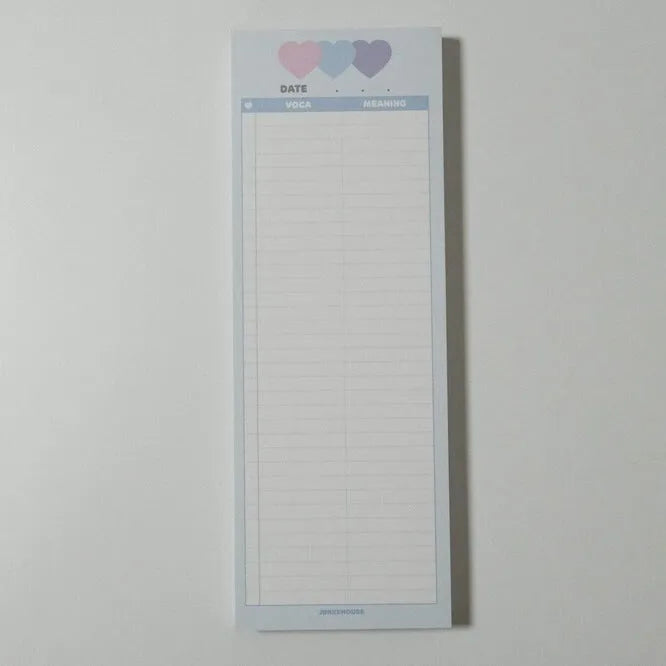 Half B5 vertical notepad in pink, purple or blue cover measuring 9.1 by 25.7 cm with 30 sheets