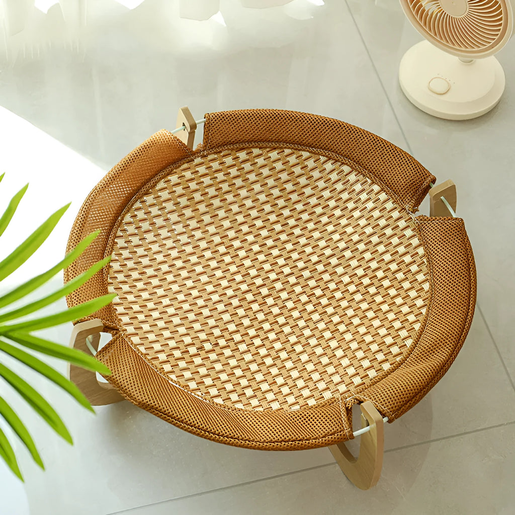 Brown woven rattan pet hammock bed measuring 46cm square with 17.5cm elevation