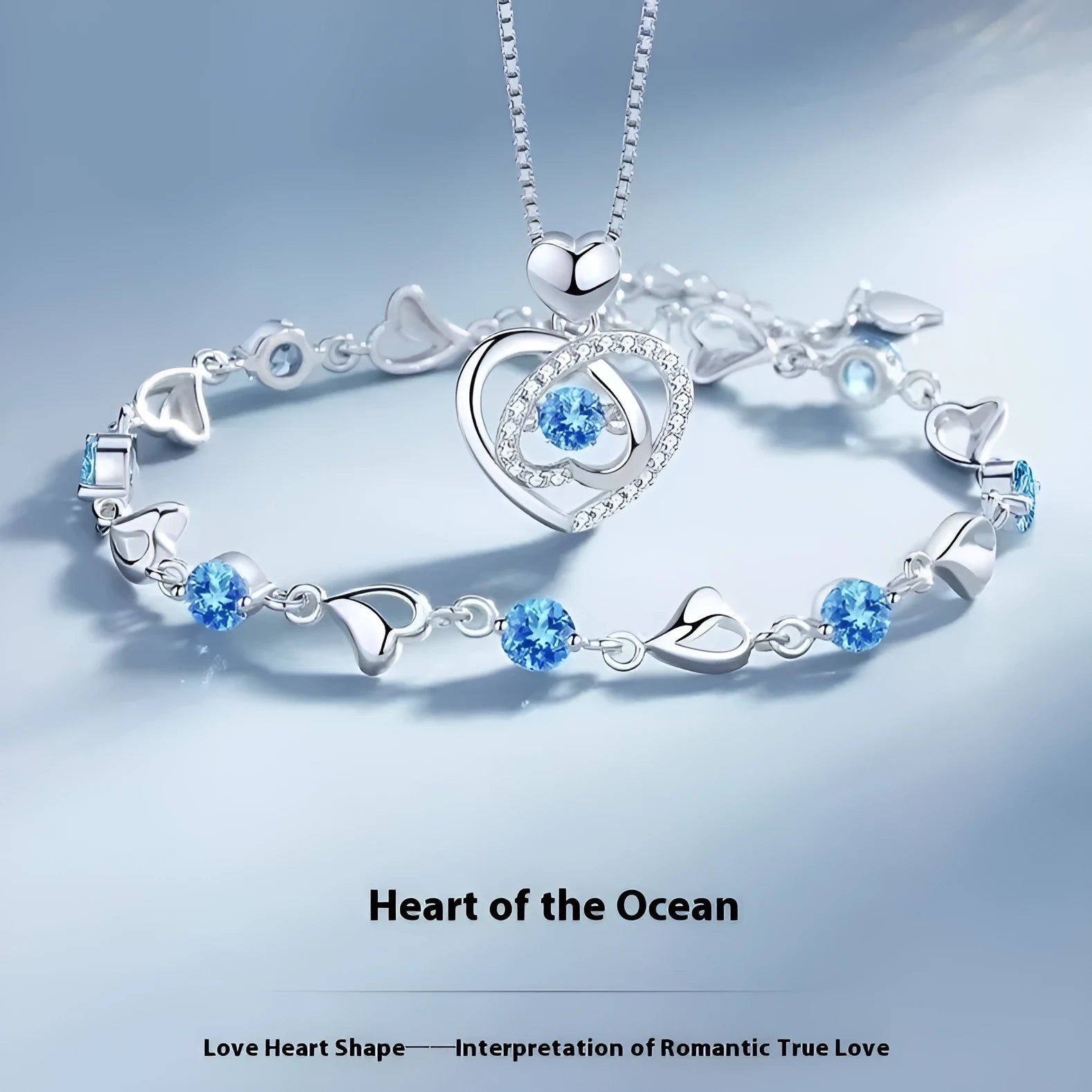 Blue diamond beating heart necklace and bracelet jewellery set with electroplated copper construction