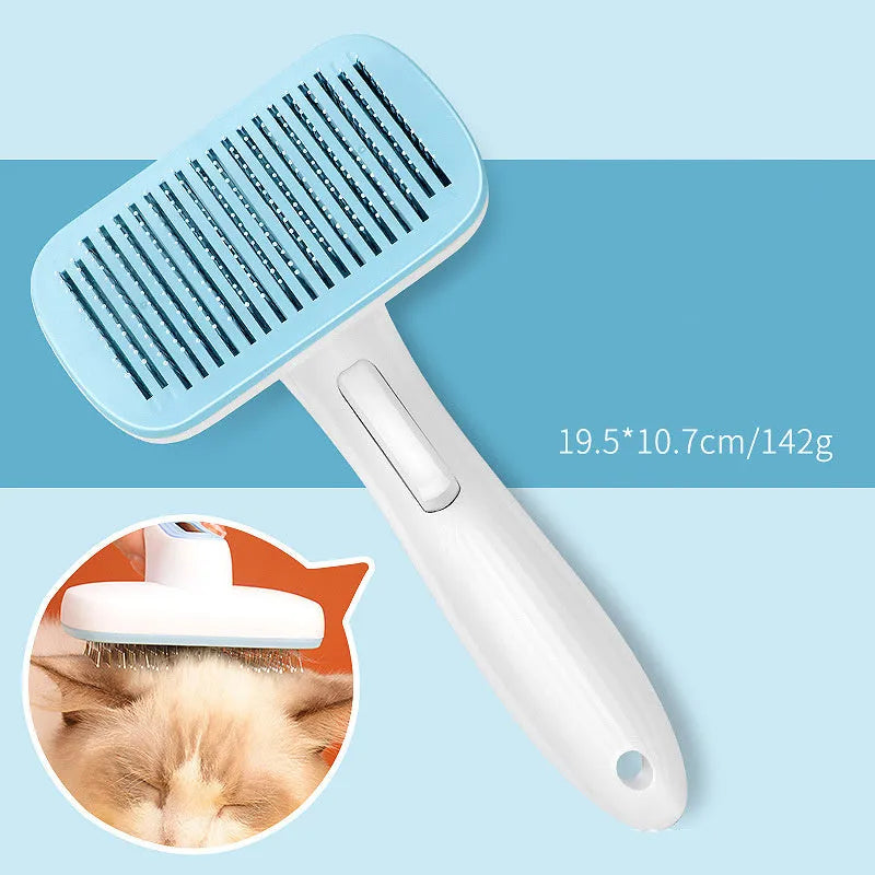 Automatic pet hair removal comb for dogs and cats in blue, showing one-click needle mechanism.