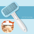 Automatic pet hair removal comb for dogs and cats in blue, showing one-click needle mechanism.