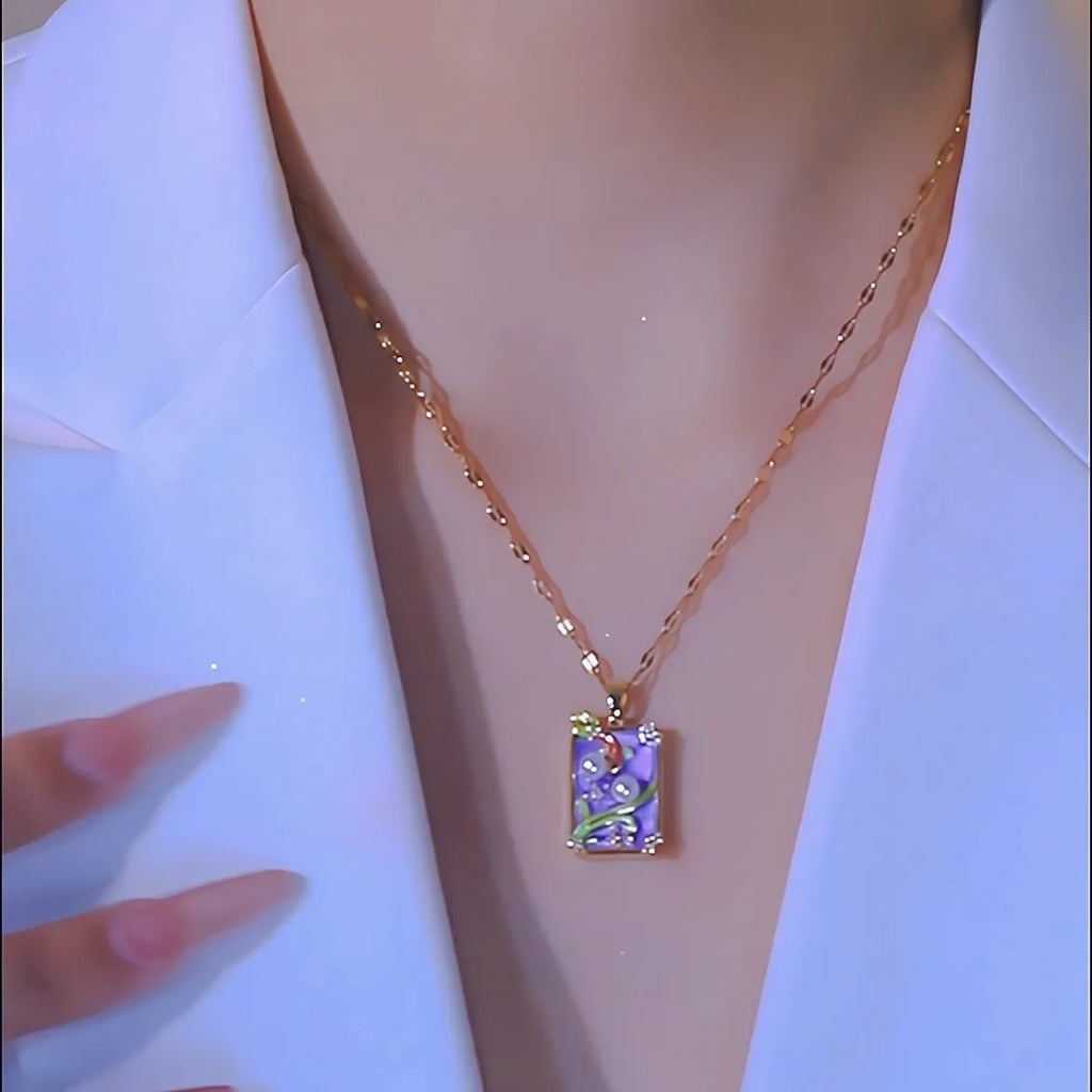 Pink vintage oil painting flower pendant necklace on titanium steel chain with copper pendant and electroplating finish
